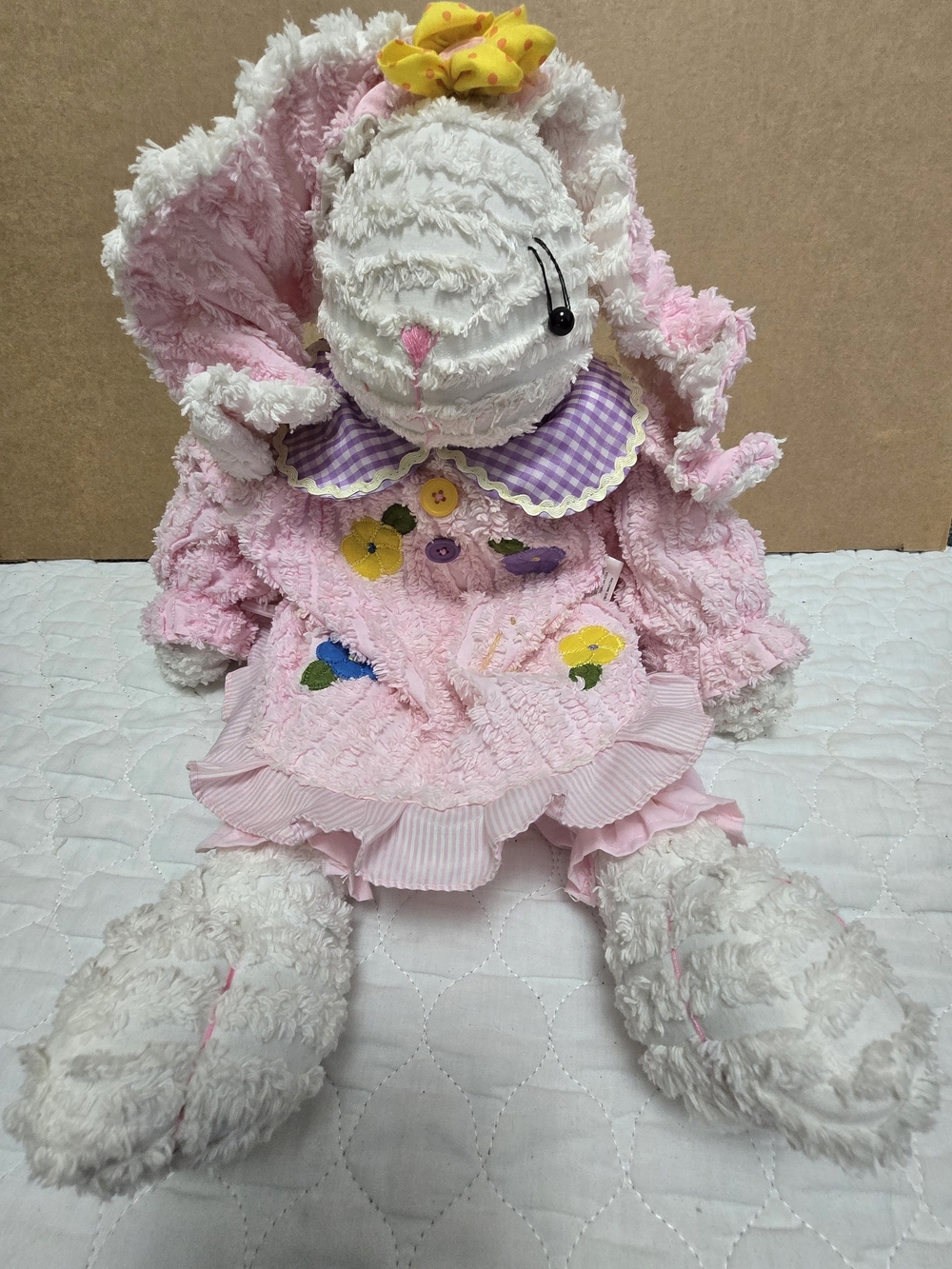 Burton+Burton Chenille Bunny Rabbit Shelf Sitter 2007 Pink White Purple 21" GUC.